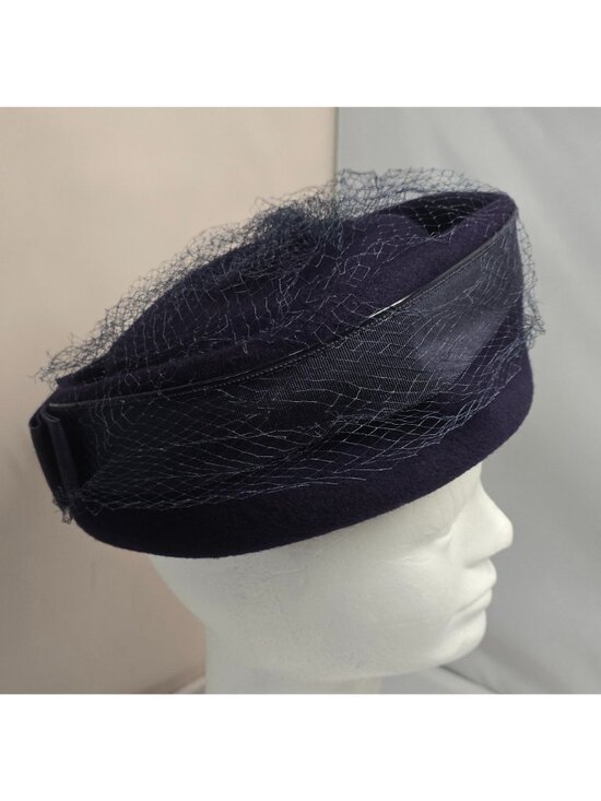 Vintage Glenover Hat Ribbon Veil pillbox Navy Blue Felt formal  derby party main image 4